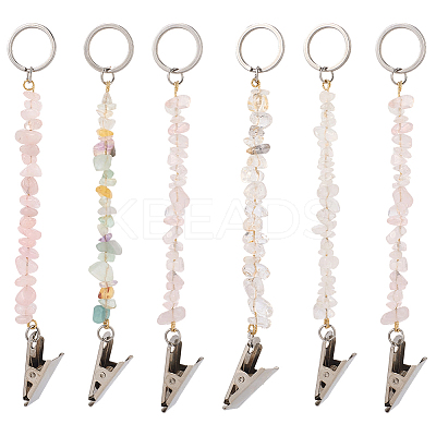 6Pcs Natural Rose Quartz & Quartz Crystal Keychain KEYC-GF00005-1