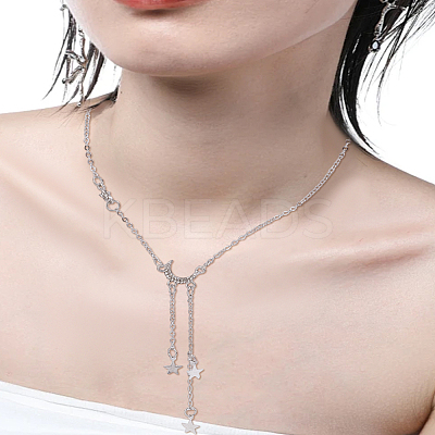 1Pc Moon Star Alloy Tassel Pendant Necklaces for Women NJEW-LP0002-95-1