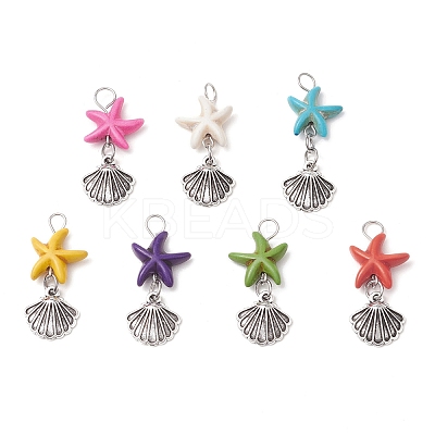 Starfish/Sea Stars Dyed Synthetic Turquoise & Alloy Shell Shape Pendants PALLOY-JF03957-01-1
