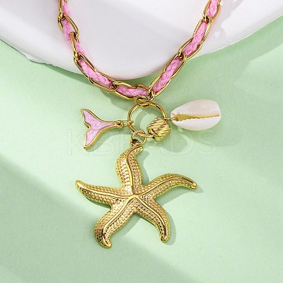 Starfish & Mermaid Tail Shape 304 Stainless Steel Enamel Pendant Necklaces NJEW-L465-08G-1