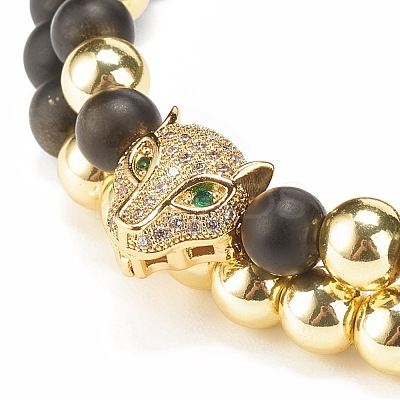 2Pcs 2 Style Natural Obsidian & Synthetic Hematite Braided Bead Bracelets Set with Cubic Zirconia Leopard BJEW-JB08119-01-1