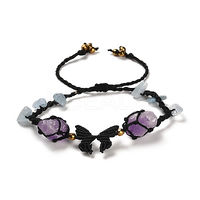 Natural Amethyst & Aquamarine & Synthetic Hematite Nuggets Braided Bead Bracelet BJEW-B073-01B-1
