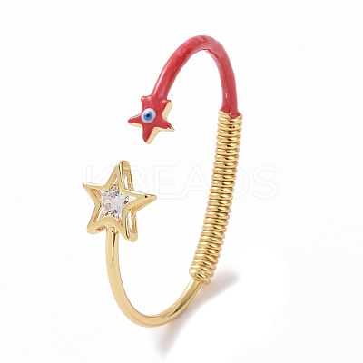 Enamel Star with Evil Eye Open Cuff Bangle with Clear Cubic Zirconia BJEW-F449-01G-1