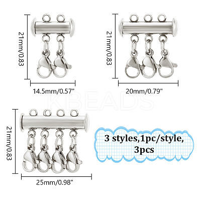 3Pcs 3 Styles 304 Stainless Steel Slide Lock Clasps FIND-UN00011-1