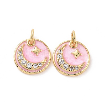 Flat Round with Moon & Star Brass Micro Pave Clear Cubic Zirconia Charms LS-KK-G435-41G-1