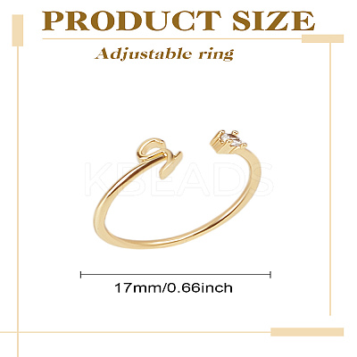 1Pc Letter Brass Rhinestone Open Cuff Rings for Women AJEW-LP0004-47S-G-1