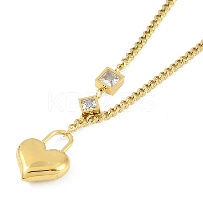 Ion Plating(IP) 304 Stainless Steel Pave Clear Cubic Zirconia Heart Lock Pendant Necklaces for Women NJEW-K276-25G-1