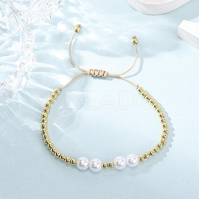 Brass & ABS Plastic Pearl Round Beads Braided Bead Bracelets for Women BJEW-H209-06G-1