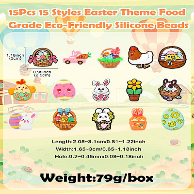 15Pcs 15 Styles Easter Theme Food Grade Eco-Friendly Silicone Beads SIL-CJ0002-71-1