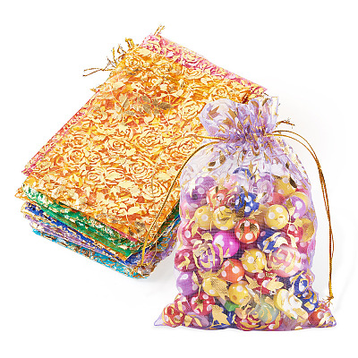 50Pcs 10 Colors Rose Printed Organza Drawstring Bags OP-TA0001-15B-1