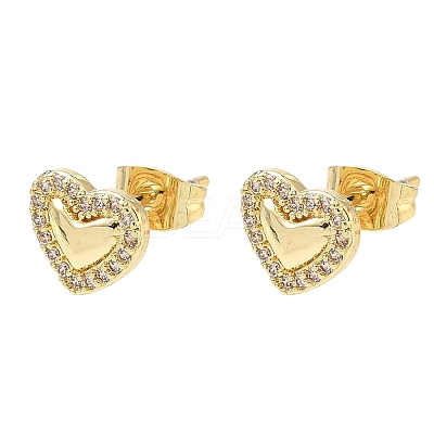 Heart Brass Micro Pave Clear Cubic Zirconia Stud Earrings EJEW-P336-03G-1