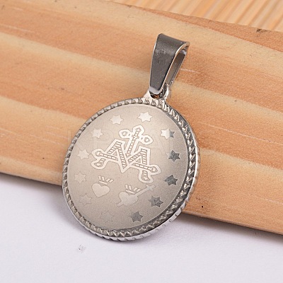 Flat Round with Virgin Mary & Word 304 Stainless Steel Pendants STAS-I036-02C-1