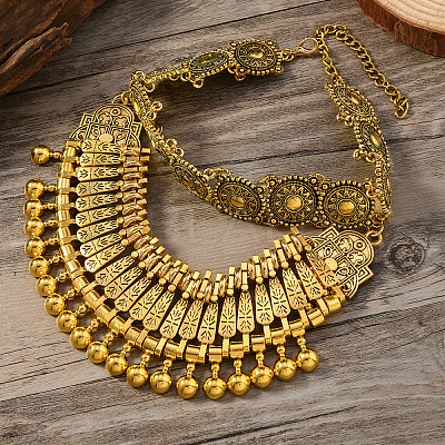 Ethnic Style Zinc Alloy Coin Tassel Statement Bib Necklaces for Women FS-WGFF897-01-1