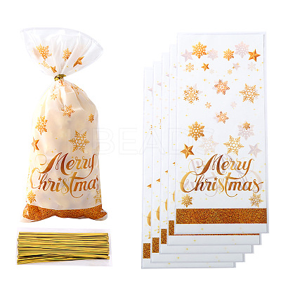 50Pcs Merry Christmas Snowflake Printed Transparent OPP Cellophane Packaging Bags with Wire Twist Ties ABAG-C013-03-1