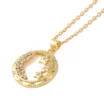 Brass Pave Cubic Zirconia Flat Round with Star Pendant Necklaces for Women NJEW-S429-02G-02-1