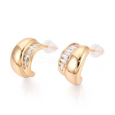Brass Micro Pave Clear Cubic Zirconia C-Shaped Stud Earrings KK-T071-19G-03-1