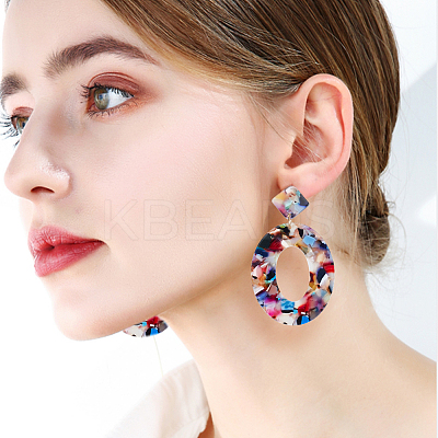 5 Pair 5 Color Acrylic Hollow Oval Dangle Stud Earrings with Steel Iron Pins for Women EJEW-AN0004-04-1