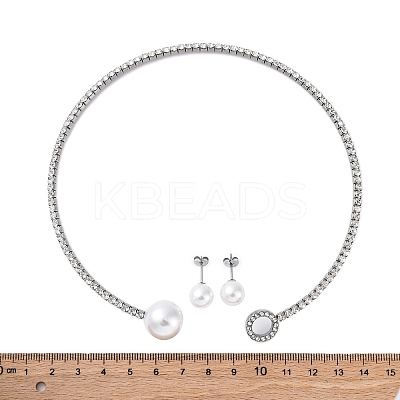 Round Plastic Imitation Pearl Stud Earrings & Cubic Zirconia Rhinestone Cuff Choker Necklaces Sets SJEW-U003-05P-1