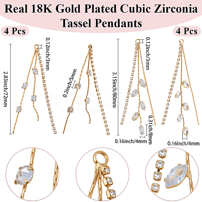 8Pcs 2 Styles Brass Micro Pave Clear Cubic Zirconia Tassel Chains Big Pendants KK-BBC0020-75-1