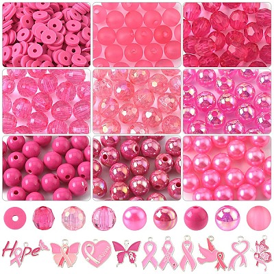 Breast Cancer Pink Awareness Ribbon Theme Alloy Enamel Pendants & Acrylic & Polymer Clay Beads Finding Kits DIY-YW0016-34-1