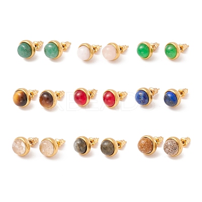Ion Plating(IP) Natural Gemstone Half Round Stud Earrings EJEW-K092-01G-1