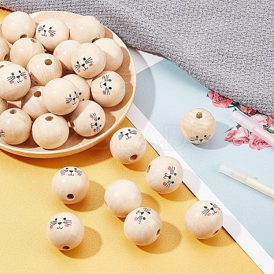 30Pcs Printed Natural Wood European Beads WOOD-FH0001-92-1