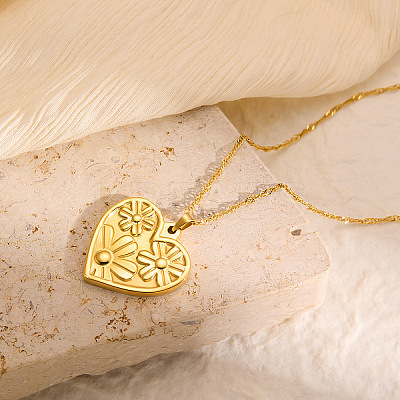 201 Stainless Steel Flower Heart Pendant Necklaces for Women FS-WGE2290-01-1