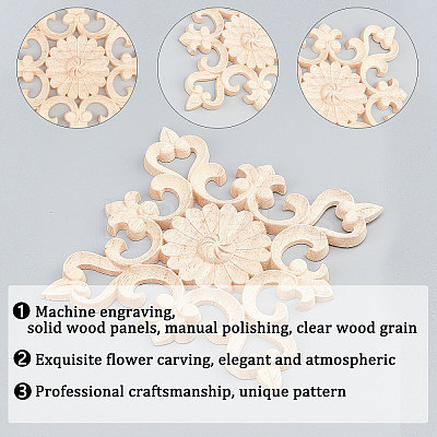 Natural Solid Wood Carved Onlay Applique Craft WOOD-WH0101-64-1