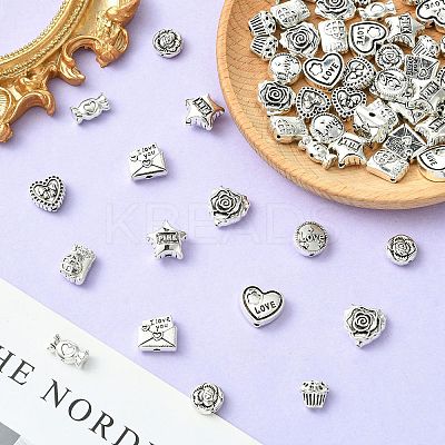 60Pcs 10 Styles Valentine's Day Theme Tibetan Style Alloy Beads TIBEB-CJ0001-38-1