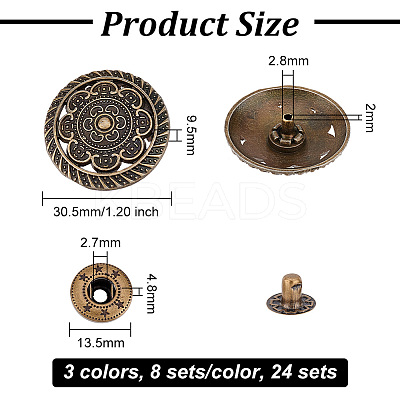 24 Sets 3 Colors Alloy Snap Buttons BUTT-OC0001-39-1