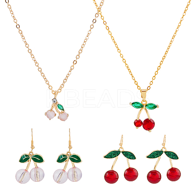Cubic Zirconia & Alloy Enamel Cherry Pendant Necklaces & Dangle Earrings SJEW-FI0001-22-1