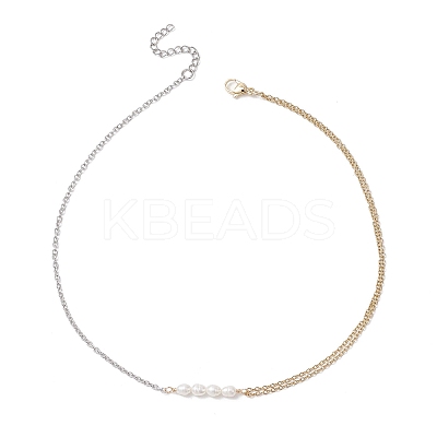 Natural Cultured Freshwater Pearl Rice Beaded Pendant 304 Stainless Steel Cable Chain Double Layer Necklaces NJEW-JN05681-1