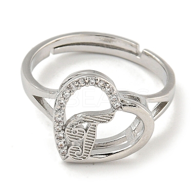 Heart with Letter Rack Plating Brass Micro Pave Cubic Zirconia Adjustable Rings for Women RJEW-I105-06P-J-1