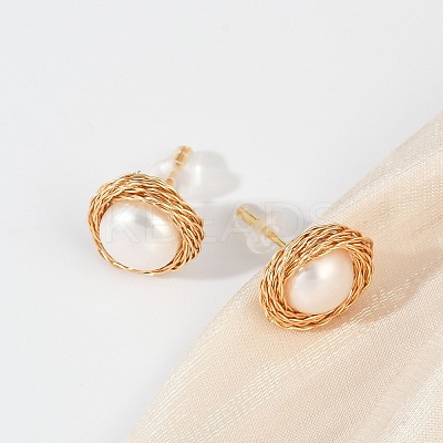 Flat Round Brass Imitation Pearl Stud Earrings KK-D301-10G-1