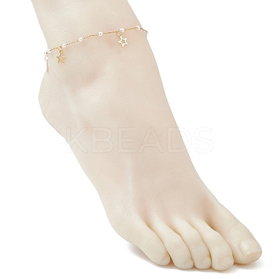 3Pcs 3 Styles Round ABS Imitation Pearl Beads & 304 Stainless Steel Link Chain Moon Star Cross Tassel Anklets for Women AJEW-AN00738-1