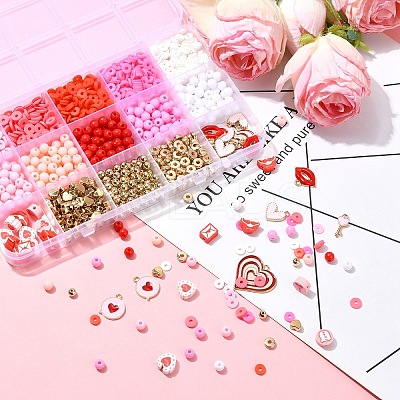 Valentine's Day DIY Polymer Clay Beads & Alloy Enamel Charm Stretch Bracelets Making Kits DIY-YW0012-66-1