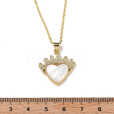 Brass Micro Pave Clear Cubic Zirconia & Natural White Shell Crown Heart Pendant Necklaces for Women NJEW-R027-02G-1