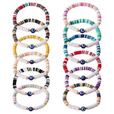 12Pcs 12 Colors Handmade Polymer Clay Heisih Beaded Stretch Bracelets Set with Evil Eye BJEW-SW00034-1