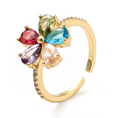 Colorful Cubic Zirconia Flower Open Ring KK-D080-12G-1