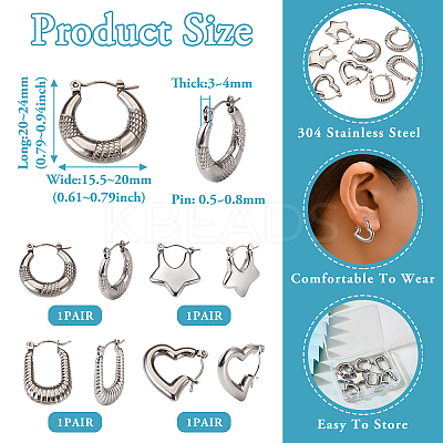 4 Pairs 4 Style Star & Rectangle & Heart & Croissant 304 Stainless Steel Hoop Earrings for Women EJEW-TA0001-17-1