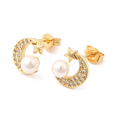 Moon Brass Micro Pave Clear Cubic Zirconia Stud Earrings EJEW-A135-31G-1