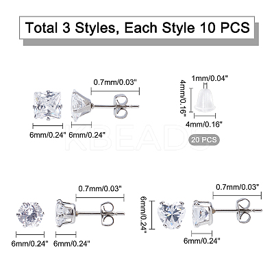15 Pairs 3 Styles Cubic Zirconia Ear Studs STAS-UN0022-47-1