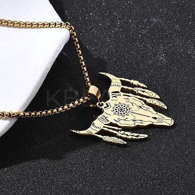 Punk Style 201 Stainless Steel Laser Cut Cattle Head Pendant Box Chain Necklaces for Women Men NJEW-E156-04G-1