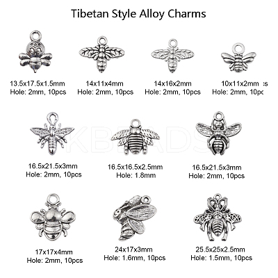 100Pcs 10 Style Tibetan Style Alloy Pendants TIBEP-CJ0001-76-1