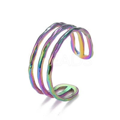 Ion Plating(IP) Rainbow Color 304 Stainless Steel Triple Line Open Cuff Ring for Women RJEW-C025-12M-1