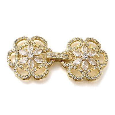 Rack Plating Flower Brass Micro Pave Clear Cubic Zirconia Fold Over Clasps KK-H512-05G-1