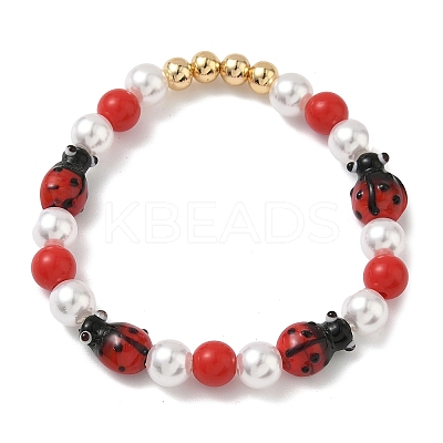 Brass & Lampwork & ABS Imitation Pearl Beaded Stretch Bracelets for Women BJEW-F515-08G-1