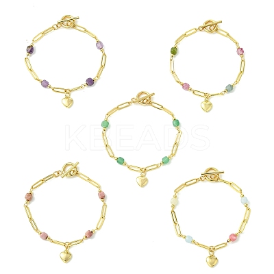 Brass Heart Charm Natural Mixed Stone Faceted Cube Beaded Chain Bracelets BJEW-JB14257-1