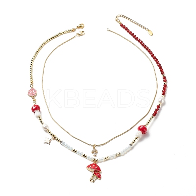 2Pcs 2 Style Alloy Enamel Mushroom Pendant Necklaces Set NJEW-JN04095-1