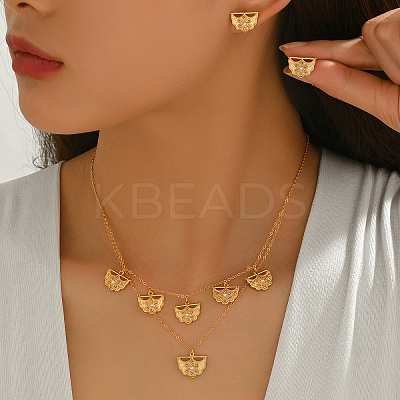 Brass Micro Pave Clear Cubic Zirconia Hollow Fan Double Layer Pendant Necklace & Stud Earrings Set for Women KI7440-1